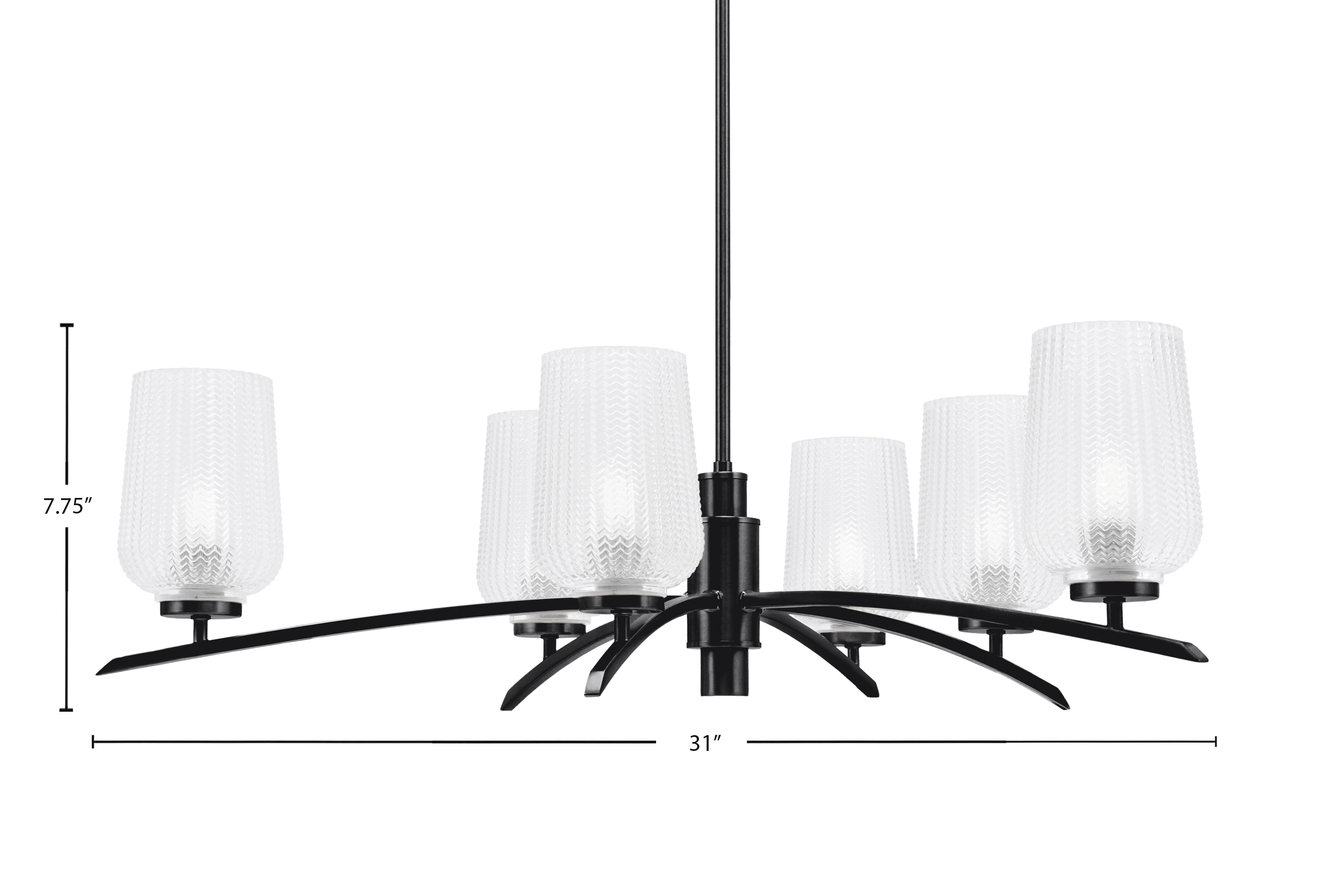 Kurve Six Light Chandelier in Matte Black with Clear Textured Shade
