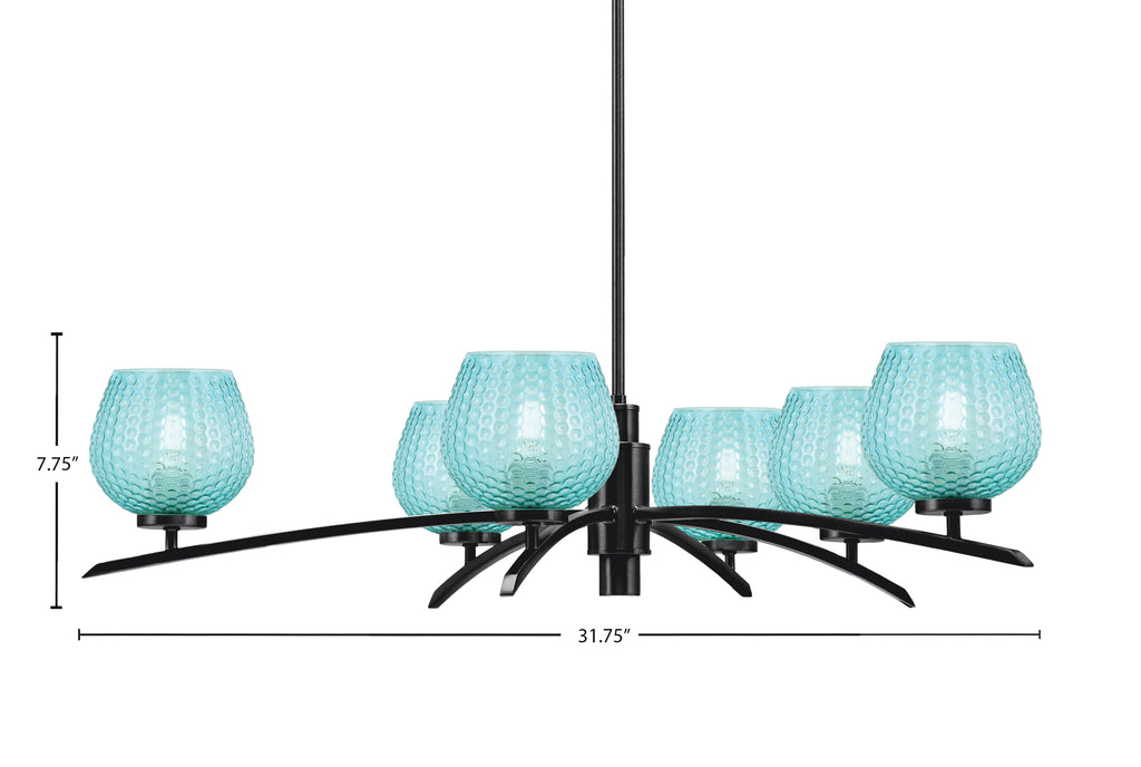 Kurve Six Light Chandelier in Matte Black with Turquoise Textured Shade
