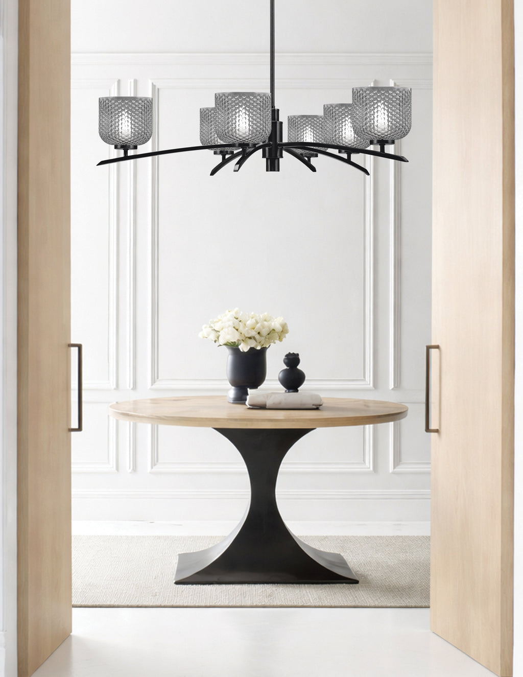 Kurve Six Light Chandelier in Matte Black with Smoke Textured Shade