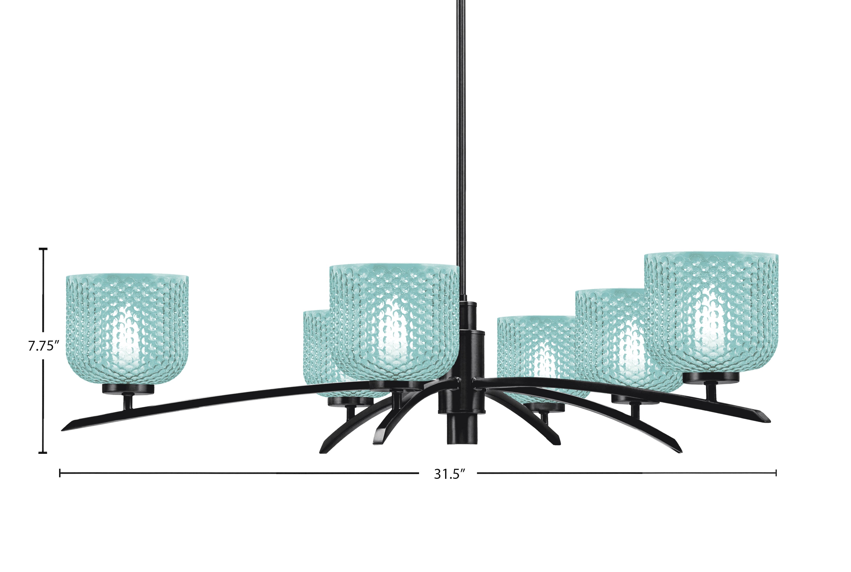Kurve Six Light Chandelier in Matte Black with Turquoise Textured Shade