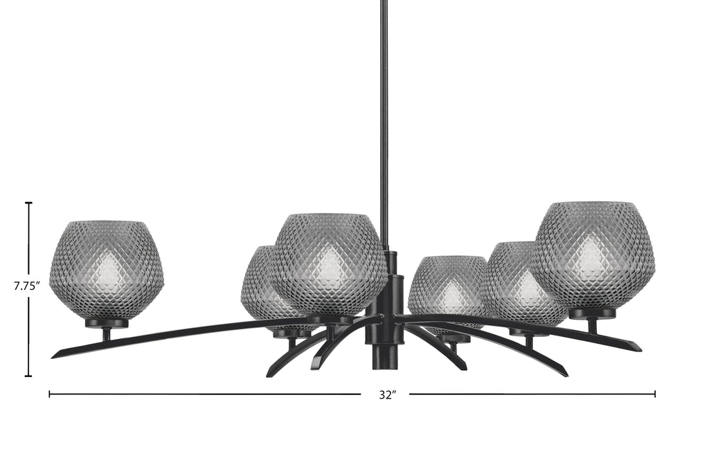 Kurve Six Light Chandelier in Matte Black with Smoke Textured Shade