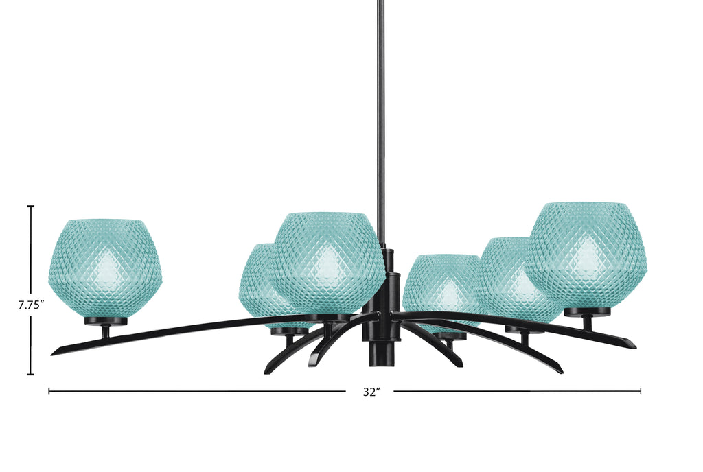 Kurve Six Light Chandelier in Matte Black with Turquoise Textured Shade