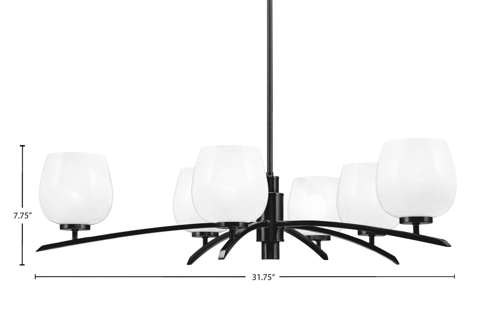Kurve Six Light Chandelier in Matte Black with White Marble Shade