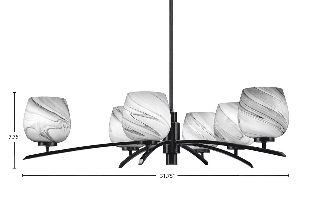 Kurve Six Light Chandelier in Matte Black with Onyx Swirl Shade