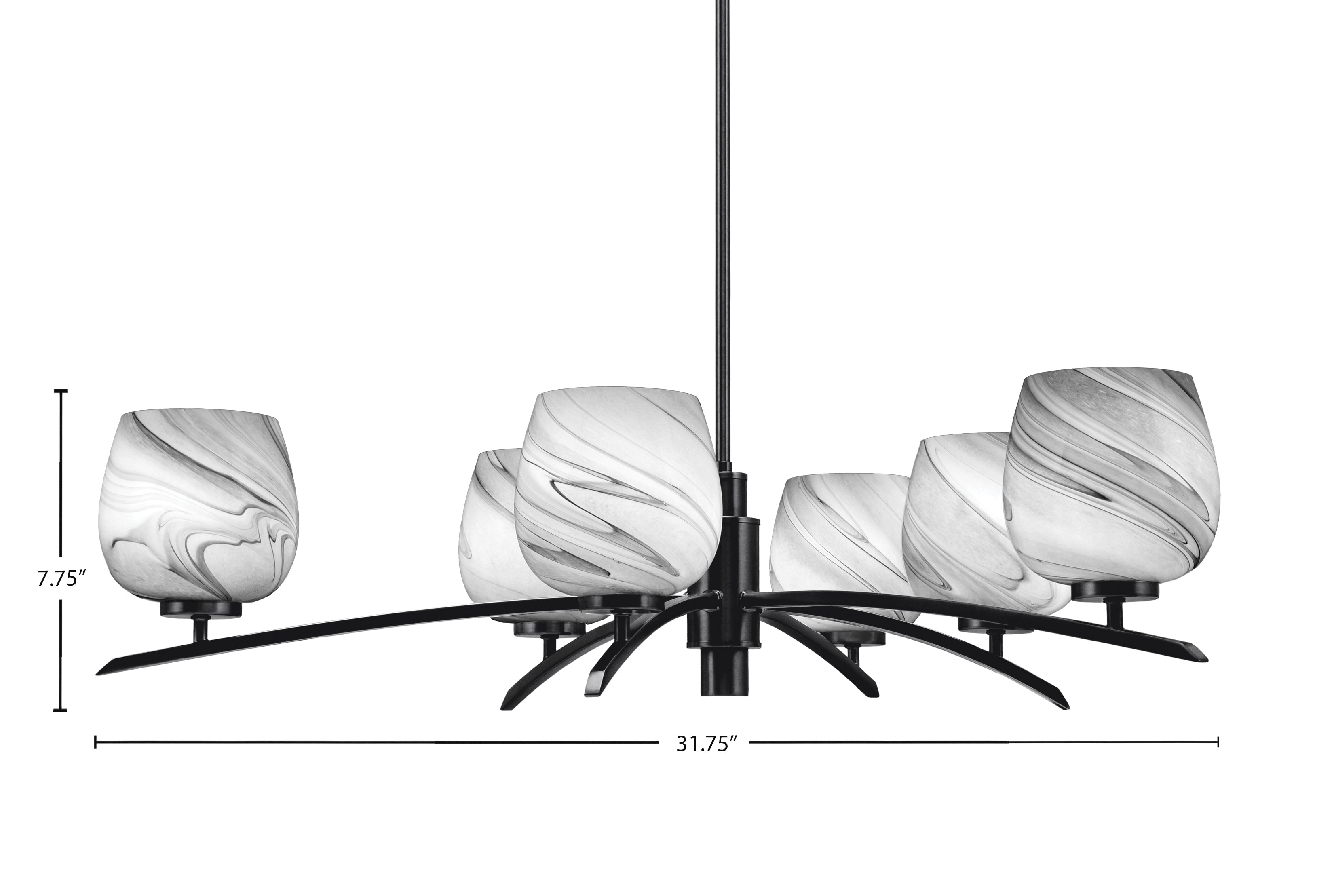 Kurve Six Light Chandelier in Matte Black with Onyx Swirl Shade