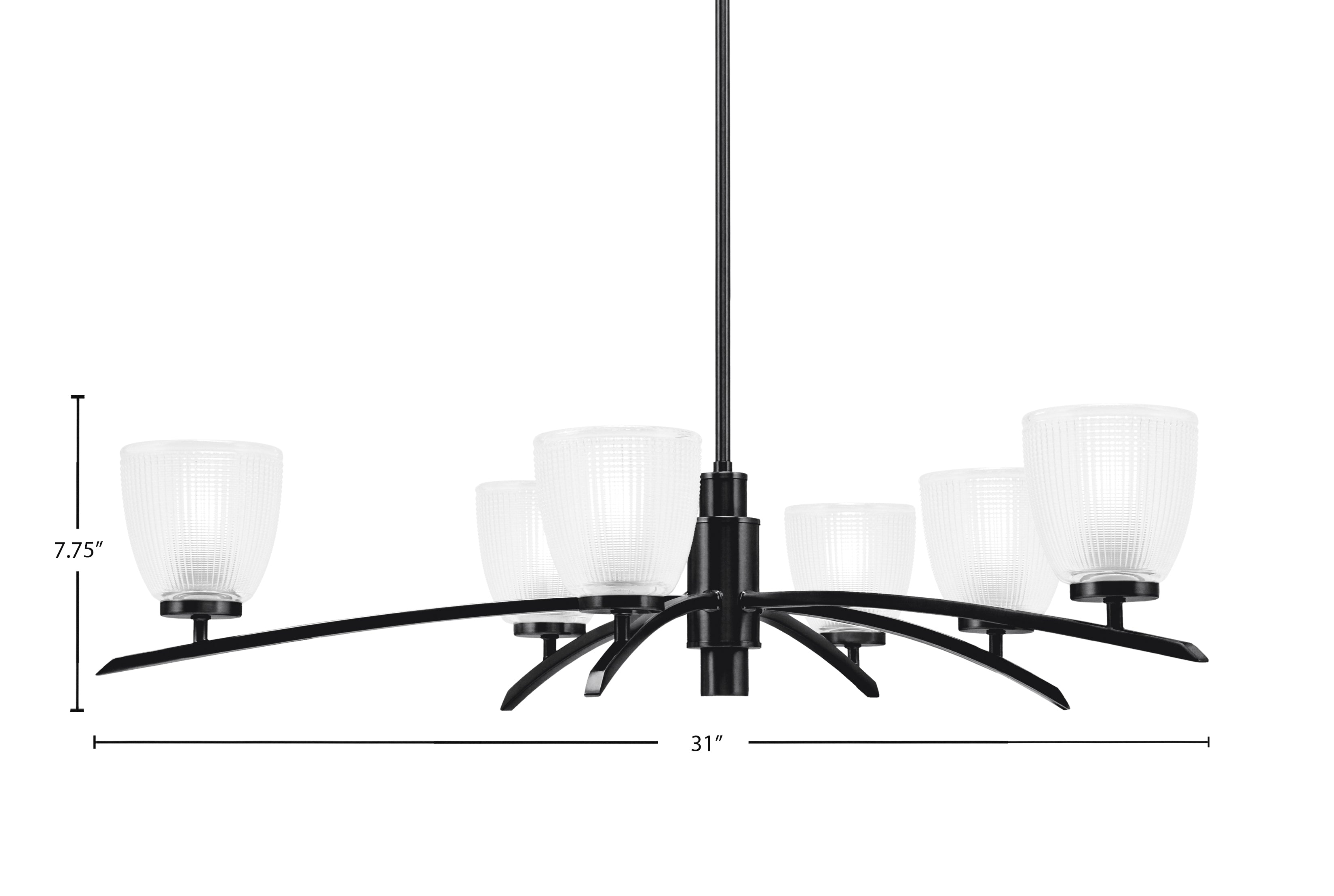 Kurve Six Light Chandelier in Matte Black with Clear Ribbed Shade