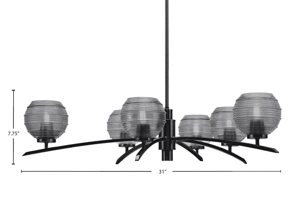 Kurve Six Light Chandelier in Matte Black with Smoke Ribbed Shade