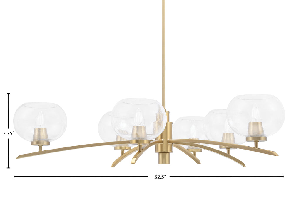 Kurve Six Light Chandelier in New Age Brass with 7" Clear Bubble Shade