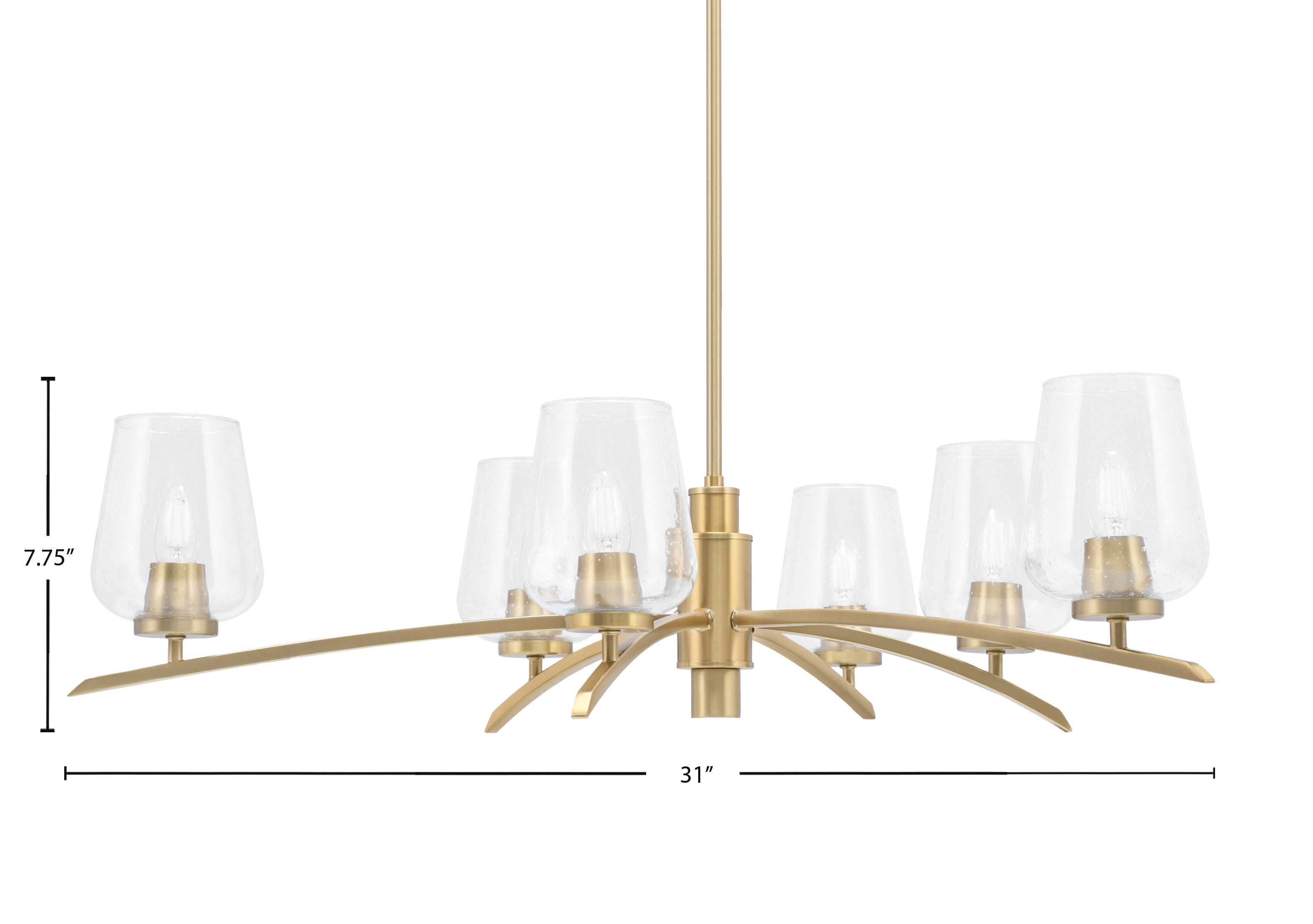 Kurve Six Light Chandelier in New Age Brass with 5" Clear Bubble Shade