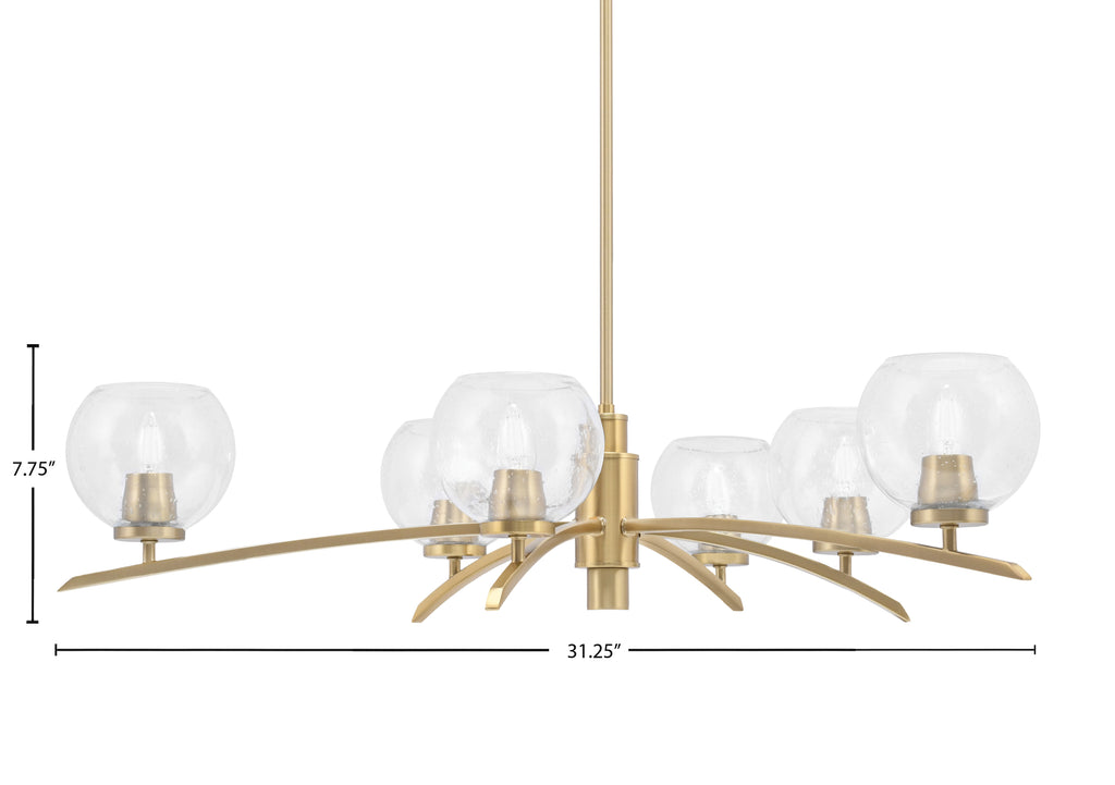 Kurve Six Light Chandelier in New Age Brass with 5.75" Clear Bubble Shade
