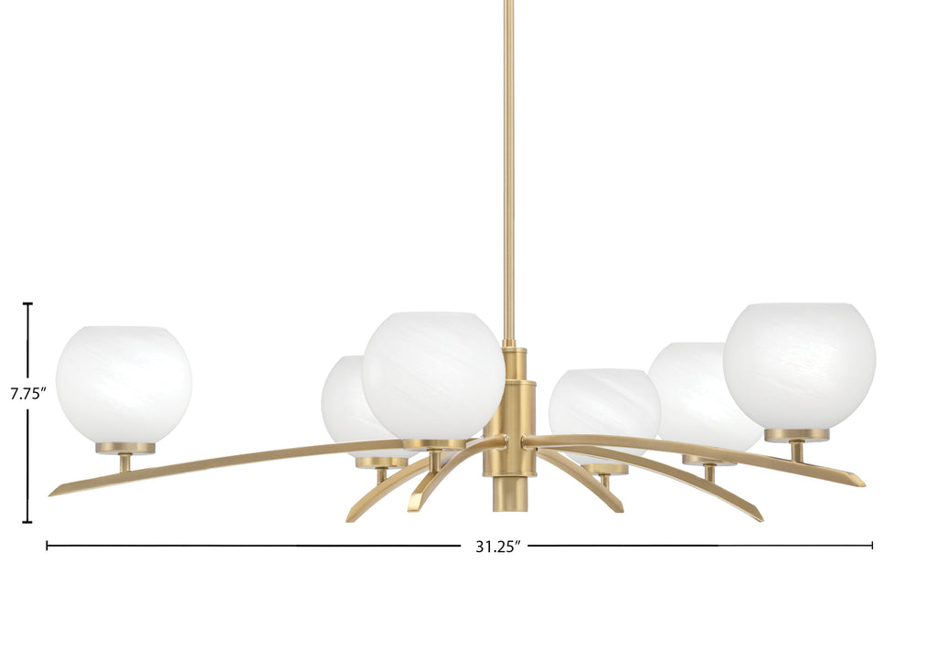 Kurve Six Light Chandelier in New Age Brass with 5.75" White Marble Shade