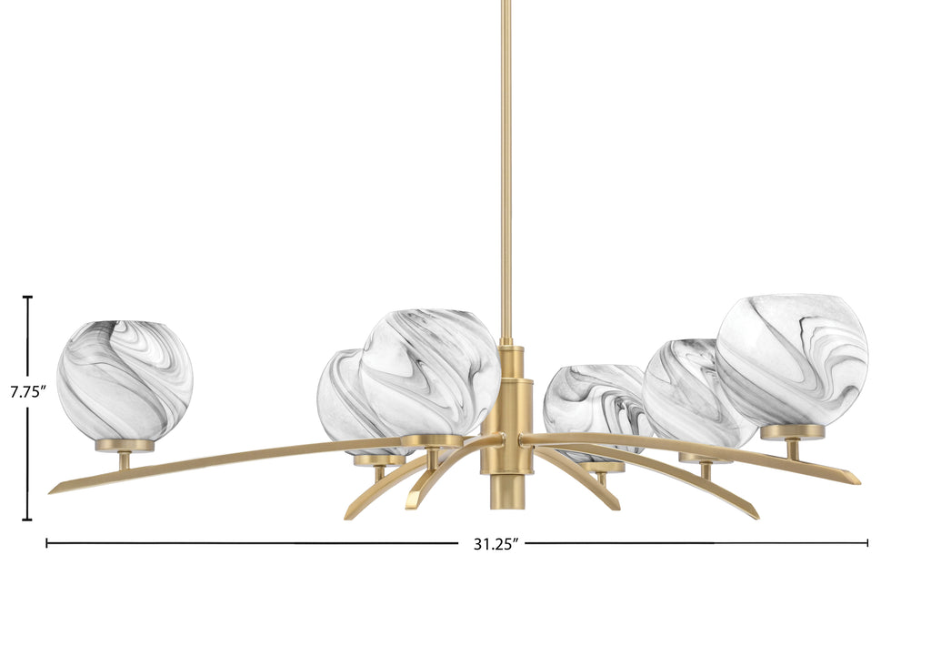 Kurve Six Light Chandelier in New Age Brass with 5.75" Onyx Swirl Shade
