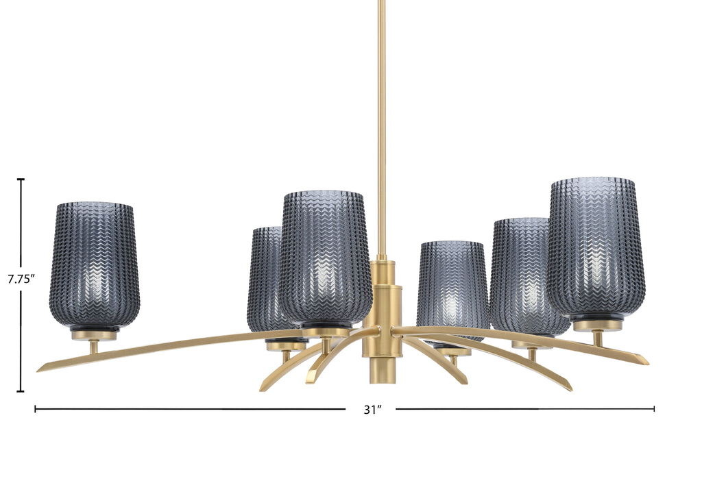 Kurve Six Light Chandelier in New Age Brass with 5" Smoke Textured Shade