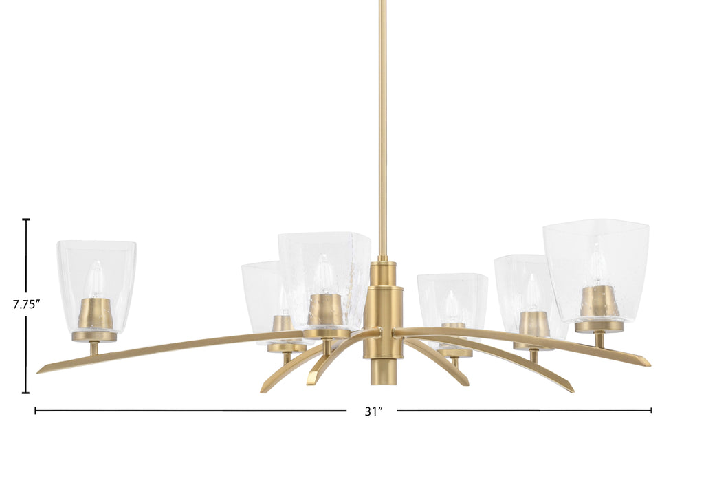 Kurve Six Light Chandelier in New Age Brass with 4.5" Square Clear Bubble Shade