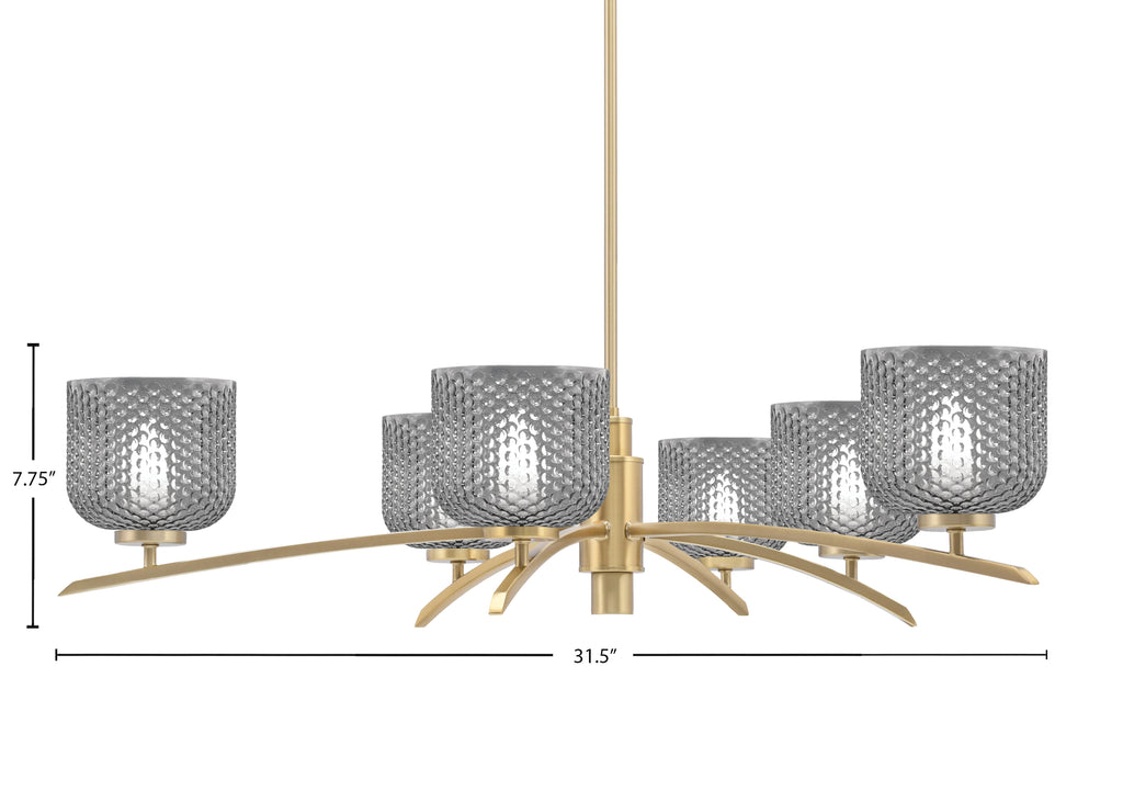 Kurve Six Light Chandelier in New Age Brass with 6" Smoke Textured Shade