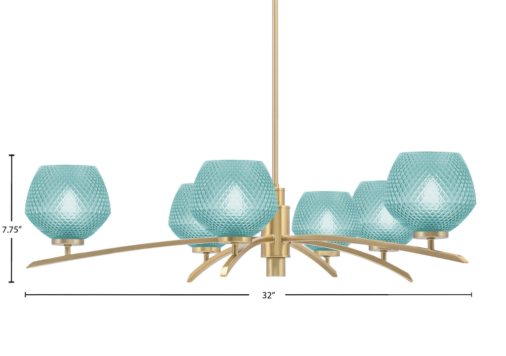 Kurve Six Light Chandelier in New Age Brass with 6" Turquoise Textured Shade