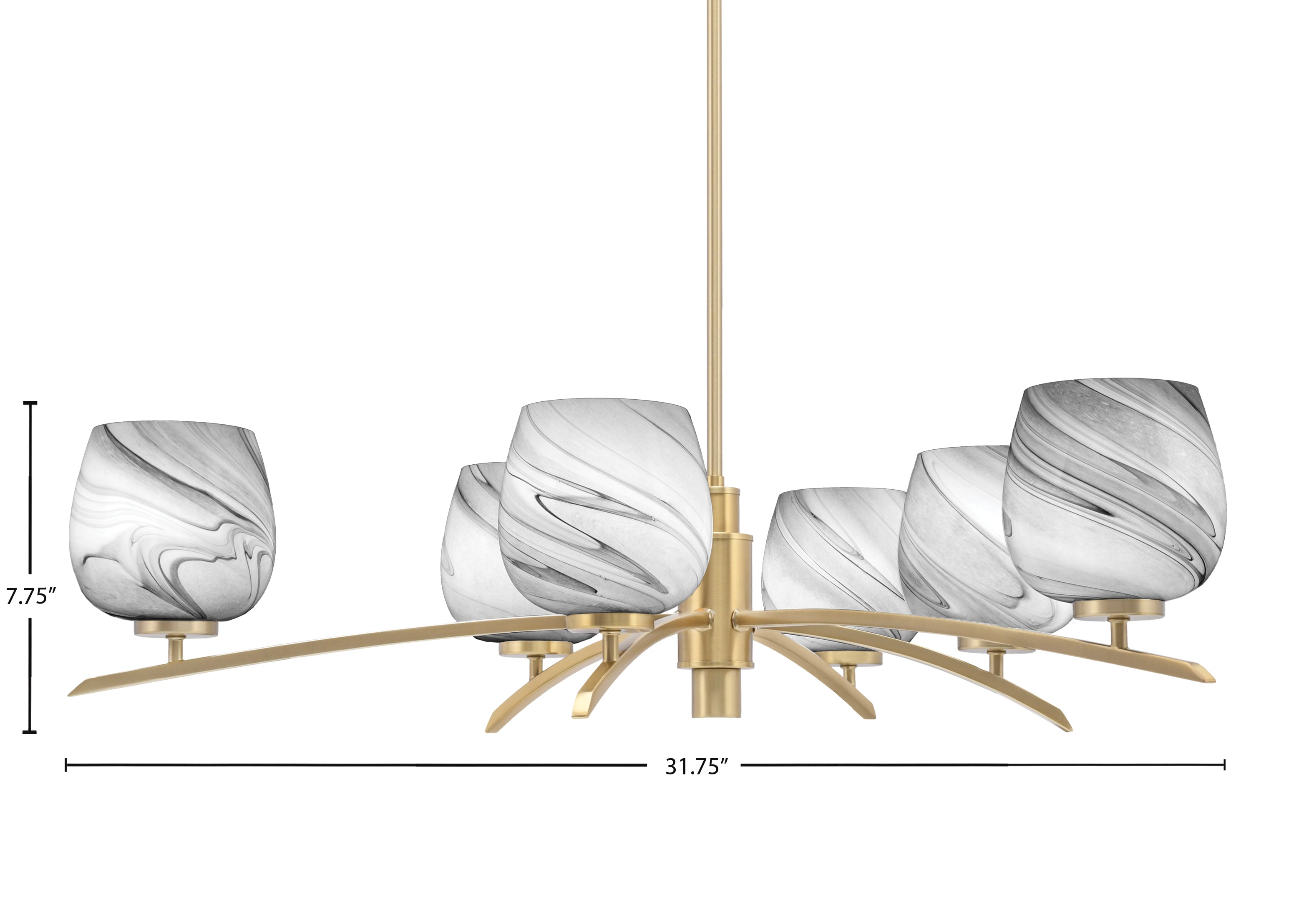 Kurve Six Light Chandelier in New Age Brass with 6" Onyx Swirl Shade