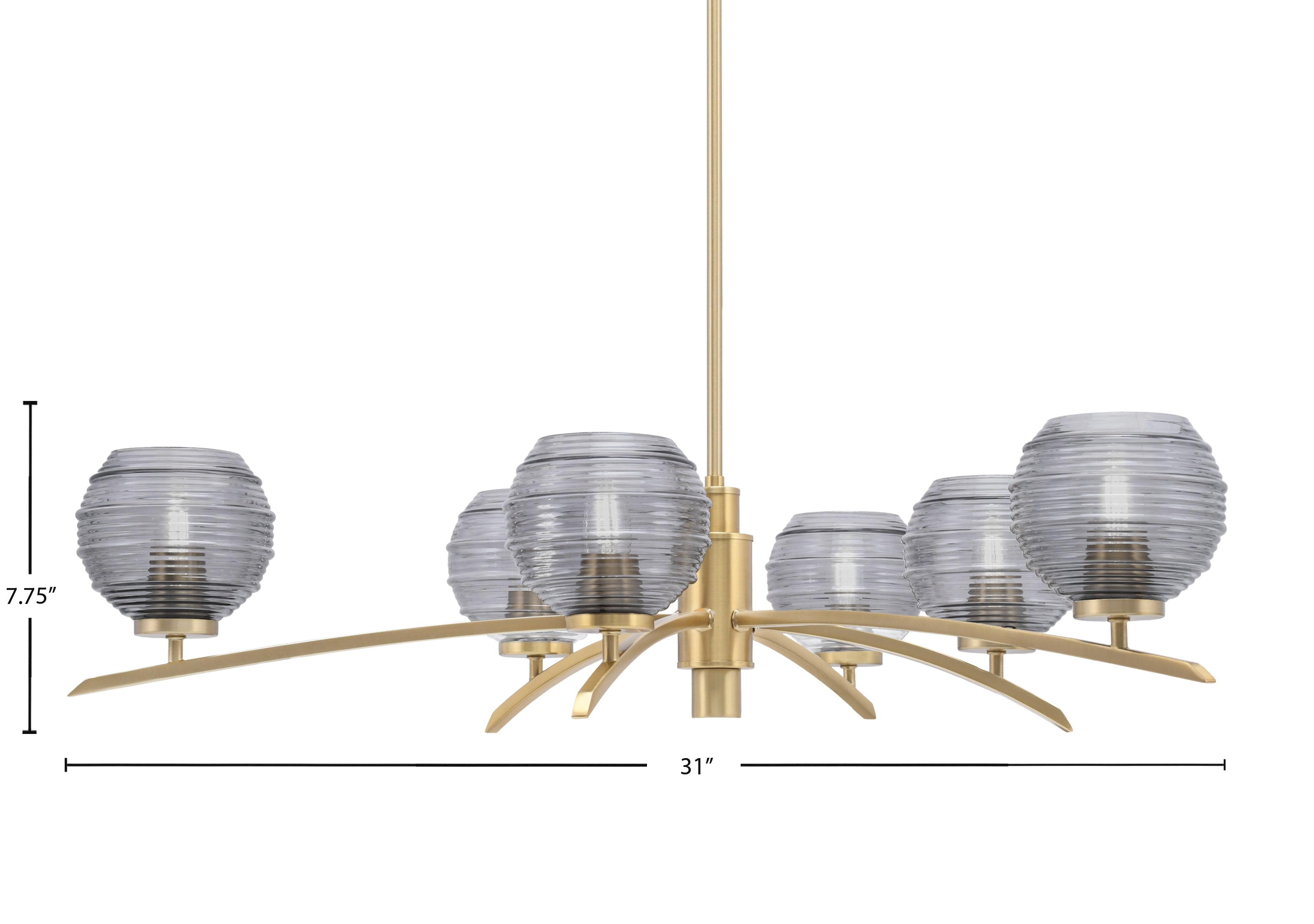 Kurve Six Light Chandelier in New Age Brass with 6" Smoke Ribbed Shade