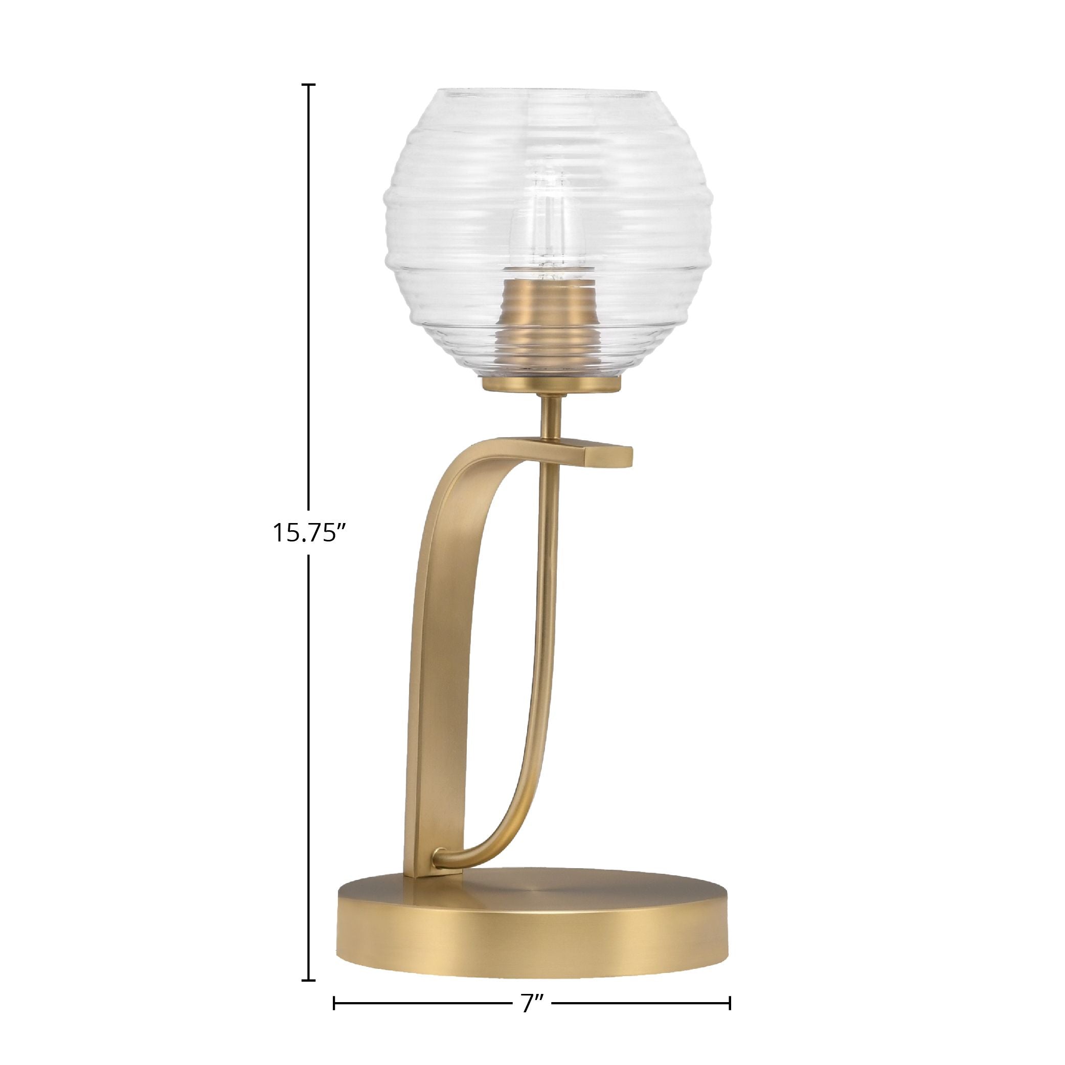 Cavella One Light Table Lamp in New Age Brass with 6" Clear Ribbed Shade