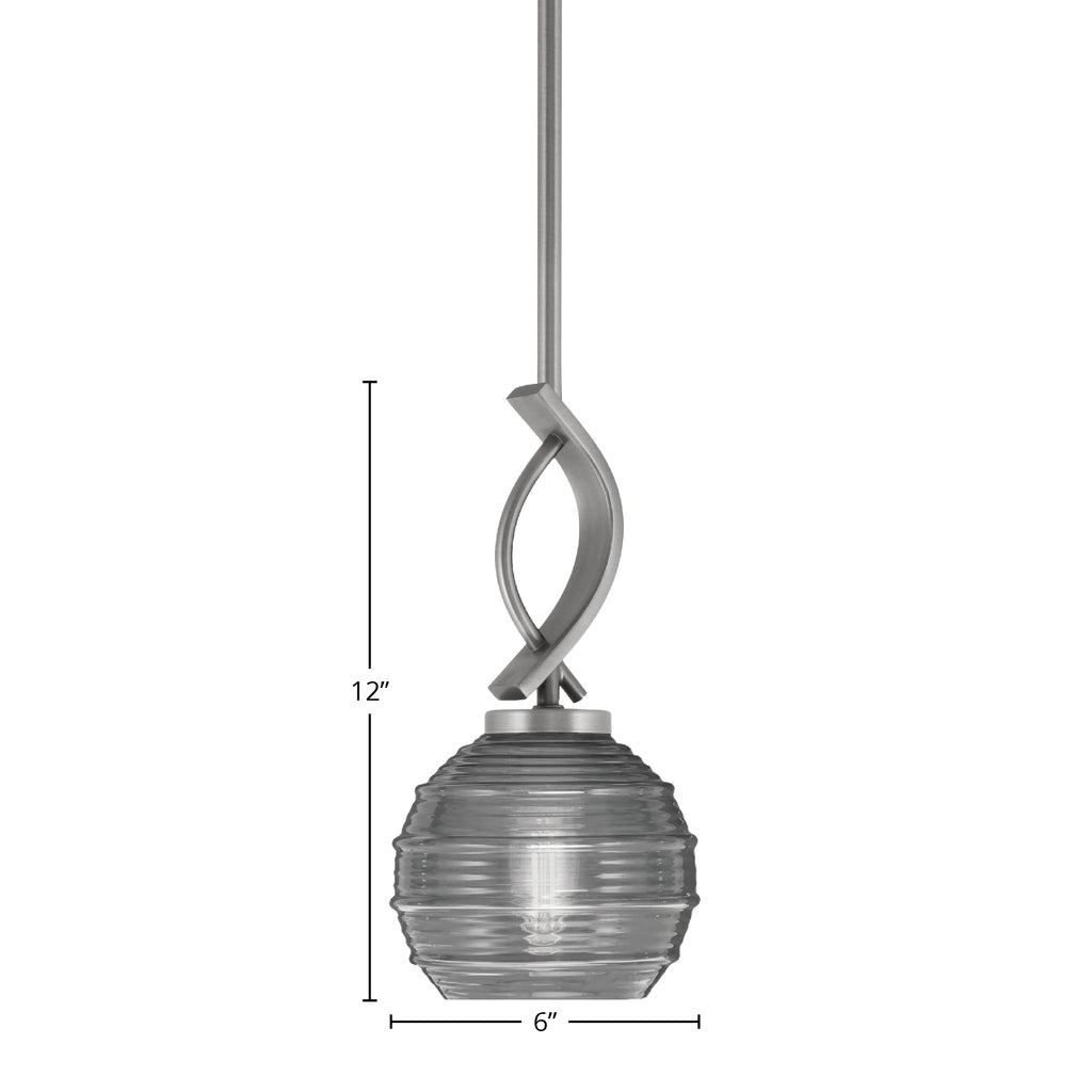 Cavella One Light Mini Pendant in Graphite with 6" Clear Ribbed Shade