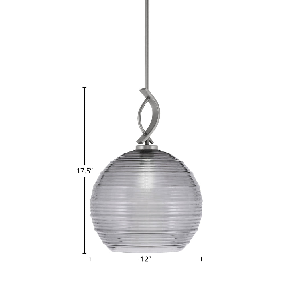 Cavella One Light Mini Pendant in Graphite with 12" Smoke Ribbed Shade