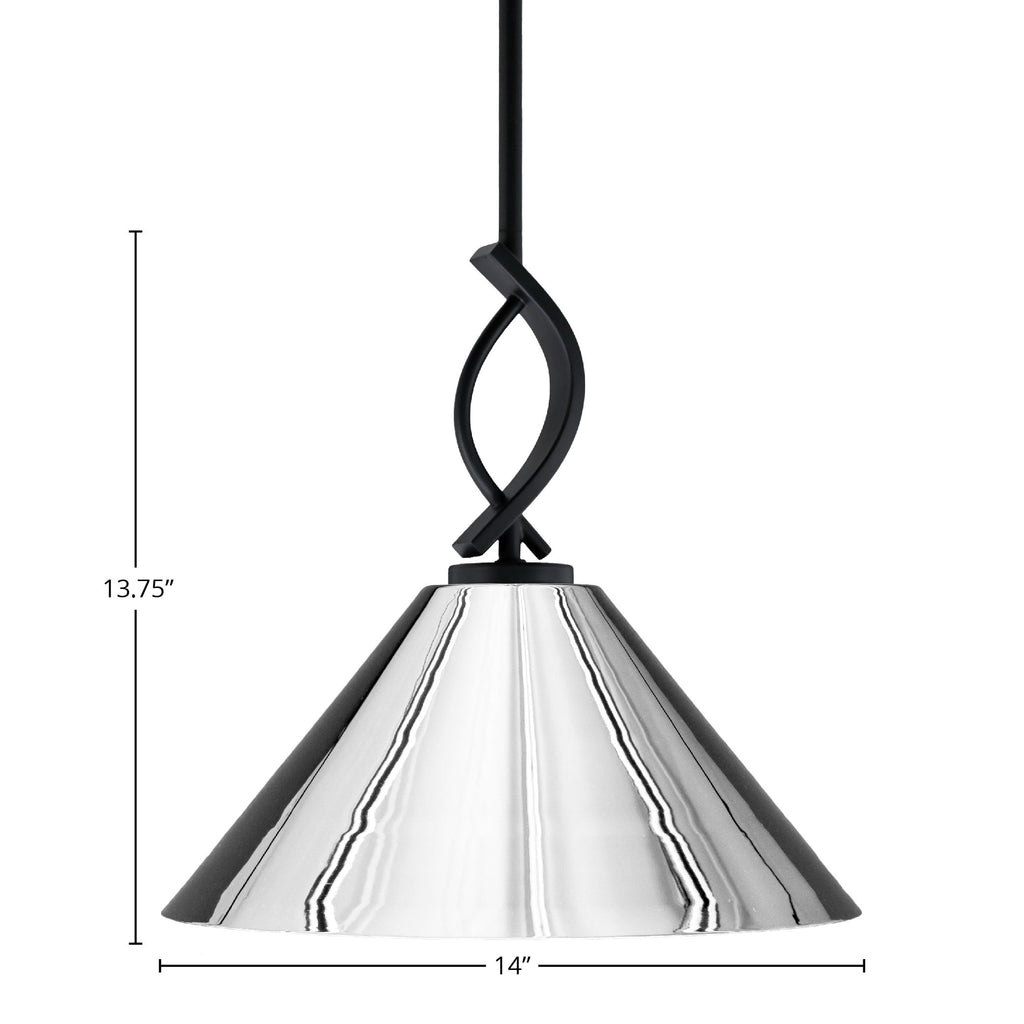 Cavella One Light Mini Pendant in Matte Black with 14" Chrome Cone Metal Shade Shade
