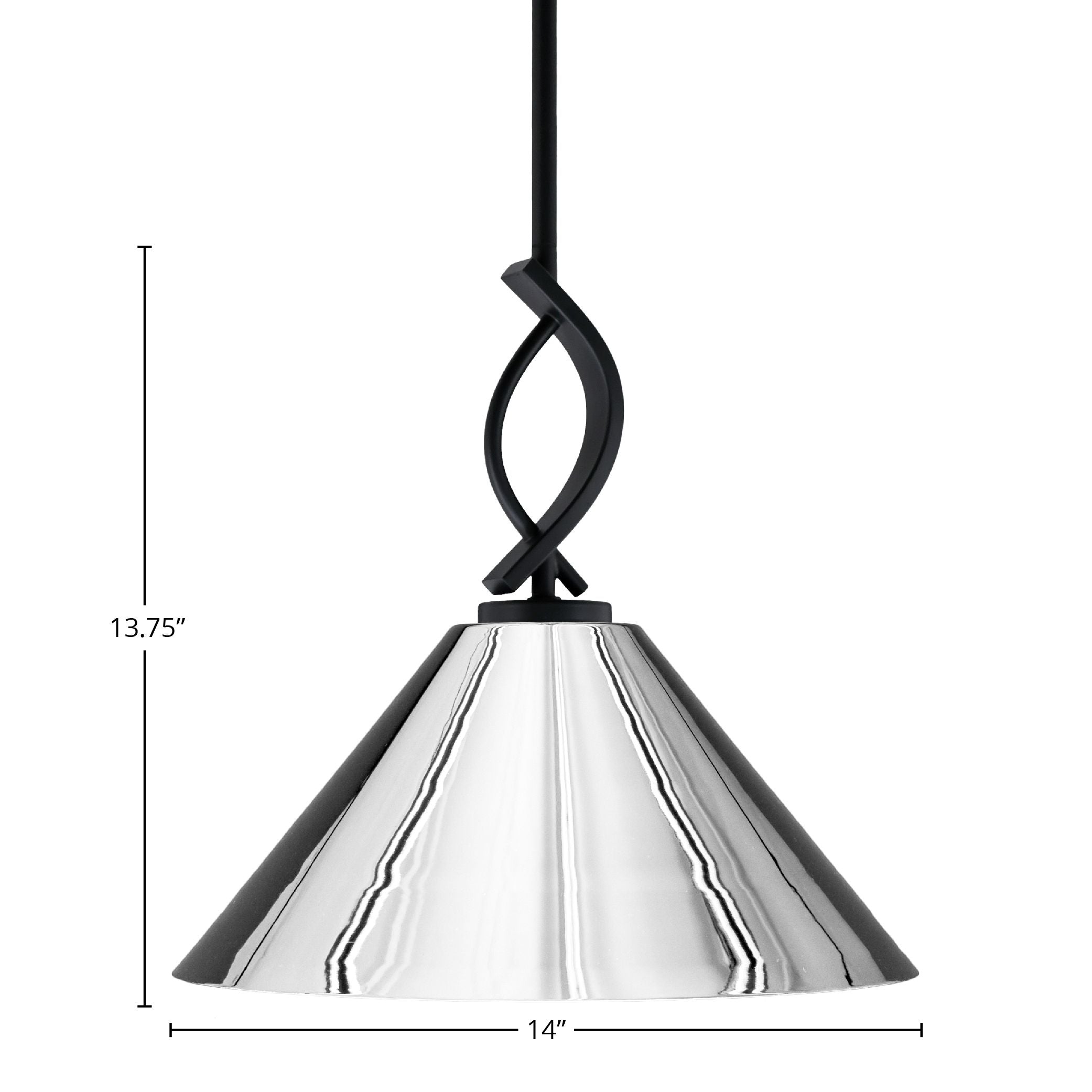 Cavella One Light Mini Pendant in Matte Black with 14" Chrome Cone Metal Shade Shade