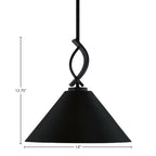 Cavella One Light Mini Pendant in Matte Black with 14" Matte Black Cone Metal Shade Shade