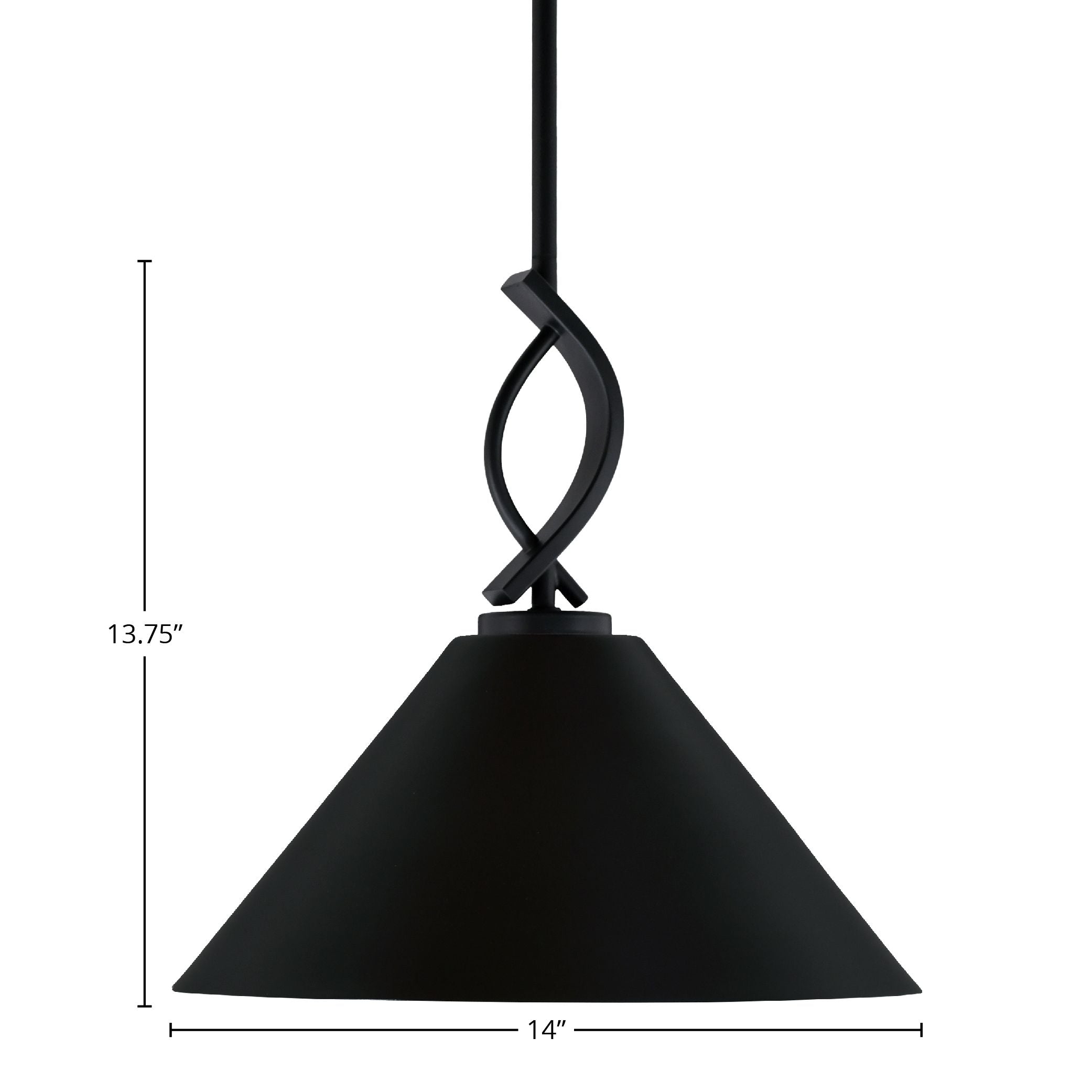 Cavella One Light Mini Pendant in Matte Black with 14" Matte Black Cone Metal Shade Shade