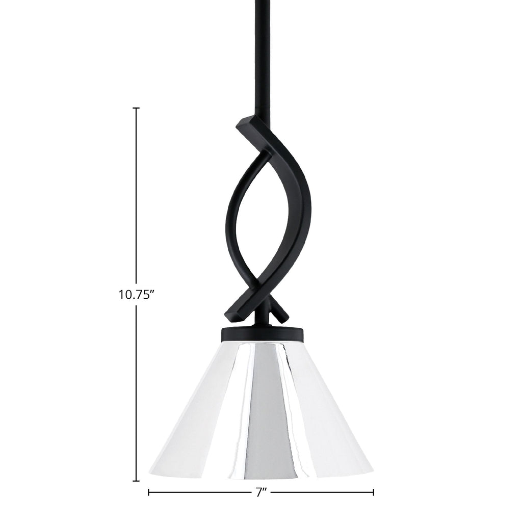 Cavella One Light Mini Pendant in Matte Black with 7" Chrome Cone Metal Shade Shade
