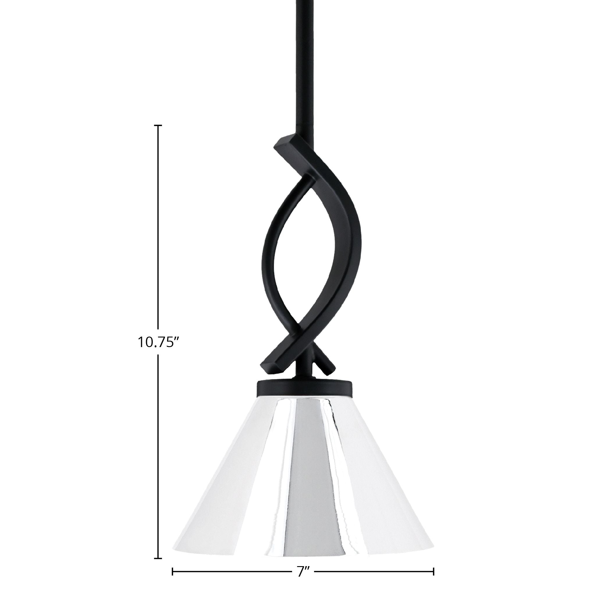 Cavella One Light Mini Pendant in Matte Black with 7" Chrome Cone Metal Shade Shade