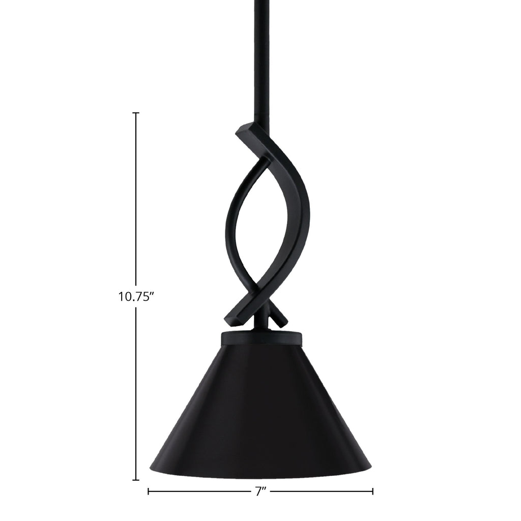 Cavella One Light Mini Pendant in Matte Black with 7" Matte Black Cone Metal Shade Shade