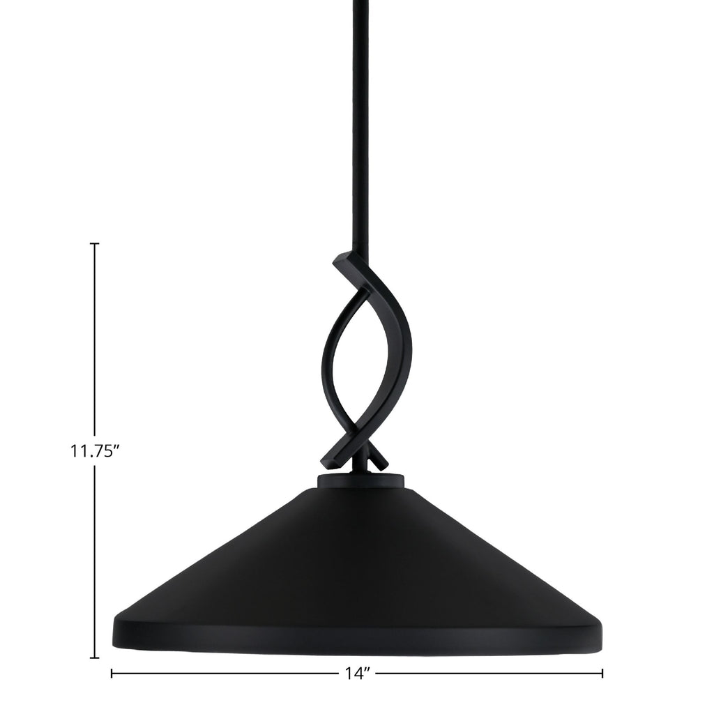 Cavella One Light Mini Pendant in Matte Black with 14" Matte Black Cone Metal Shade Shade