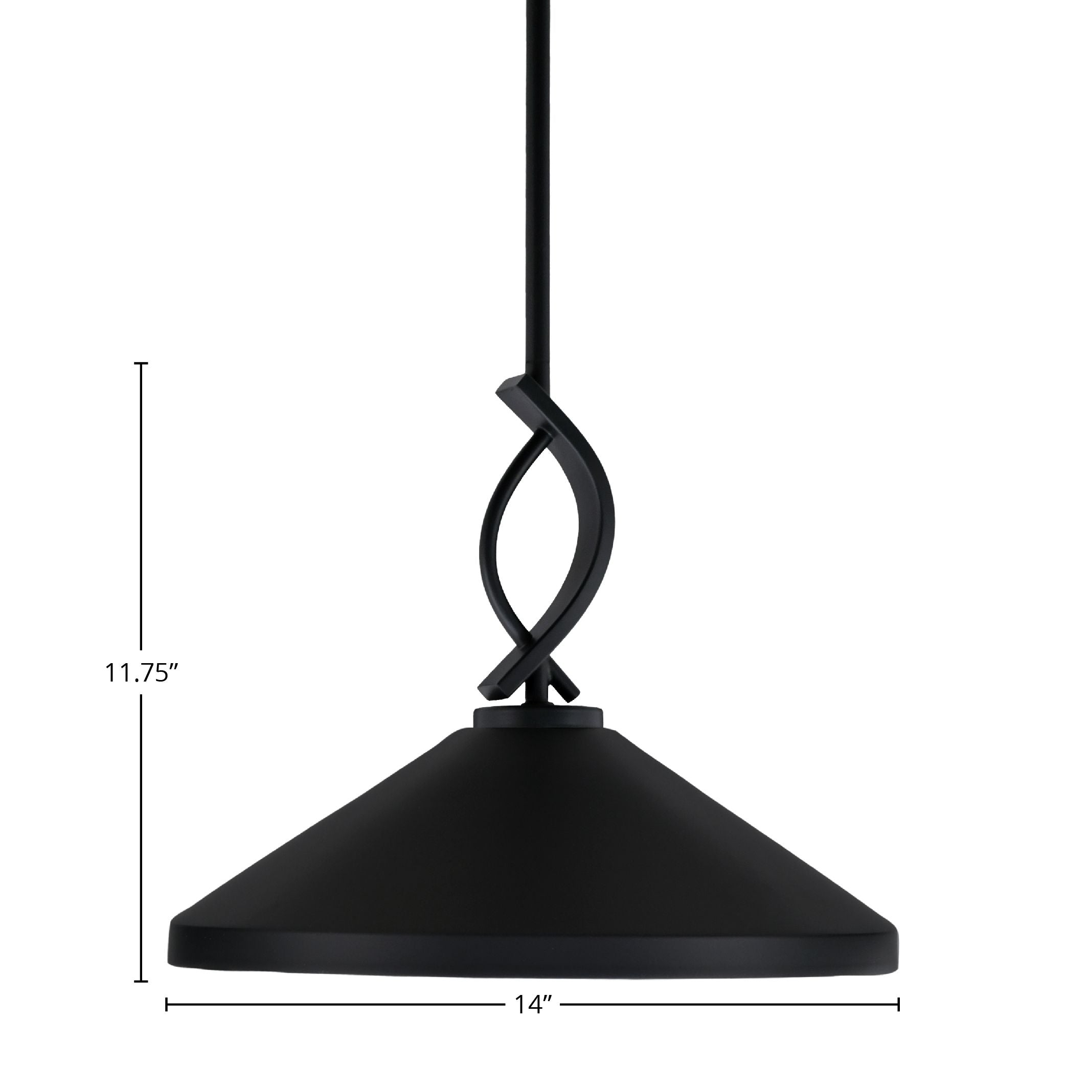 Cavella One Light Mini Pendant in Matte Black with 14" Matte Black Cone Metal Shade Shade
