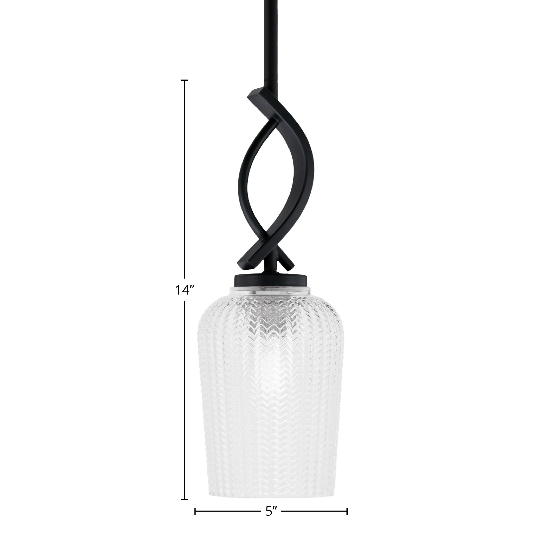 Cavella One Light Mini Pendant in Matte Black with 5" Clear Textured Shade