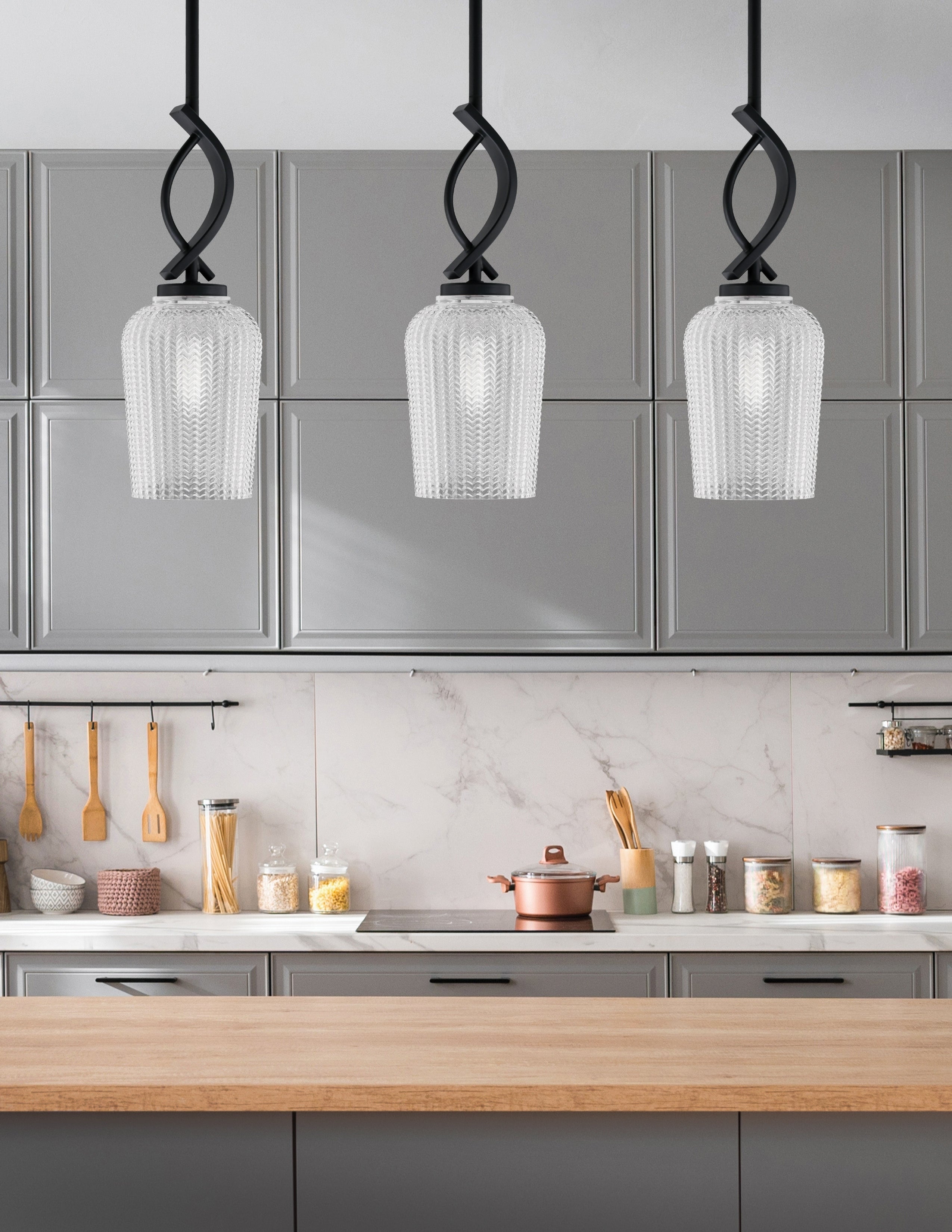 Cavella One Light Mini Pendant in Matte Black with 5" Clear Textured Shade