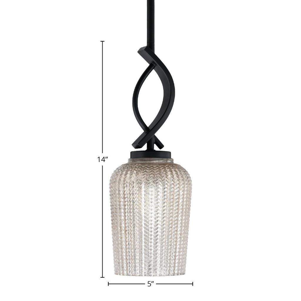 Cavella One Light Mini Pendant in Matte Black with 5" Silver Textured Shade