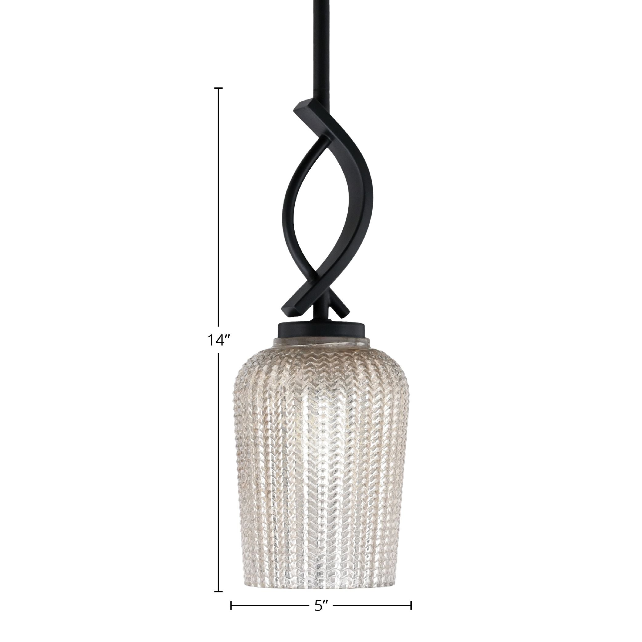 Cavella One Light Mini Pendant in Matte Black with 5" Silver Textured Shade