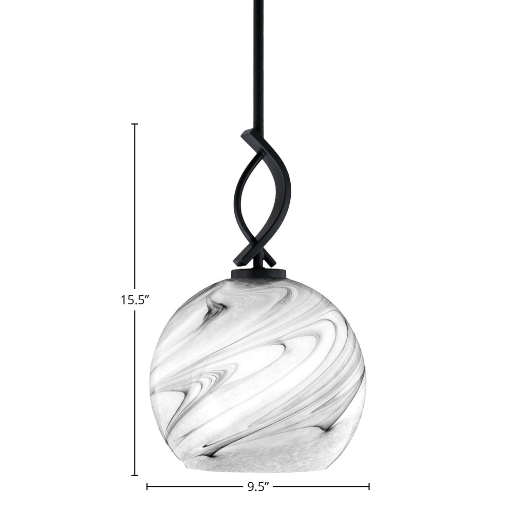 Cavella One Light Mini Pendant in Matte Black with 9.5" Onyx Swirl Shade
