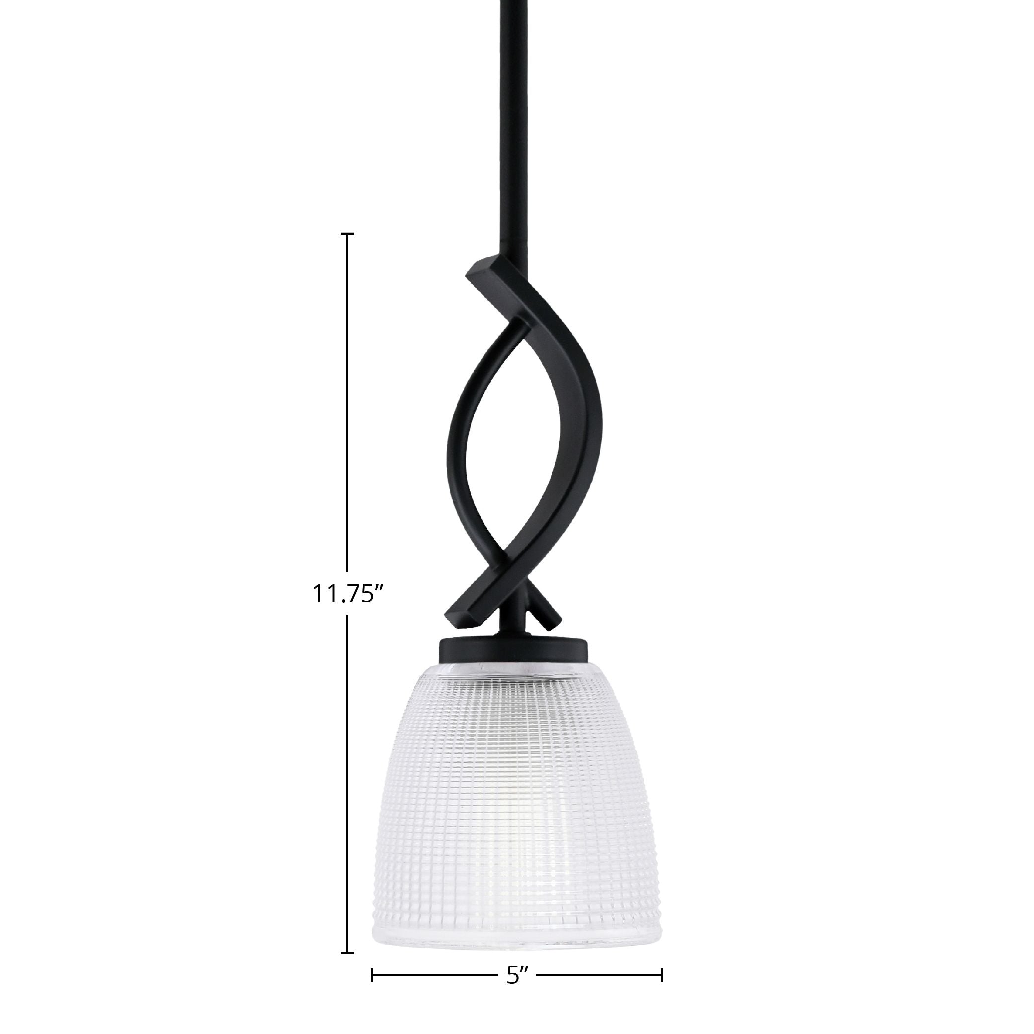 Cavella One Light Mini Pendant in Matte Black with 5" Clear Ribbed Shade