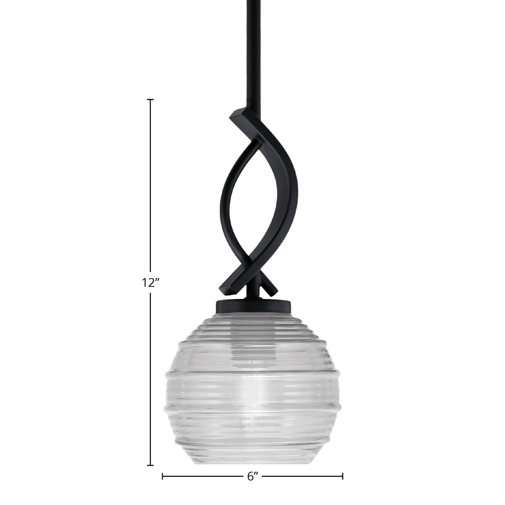 Cavella One Light Mini Pendant in Matte Black with 6" Clear Ribbed Shade