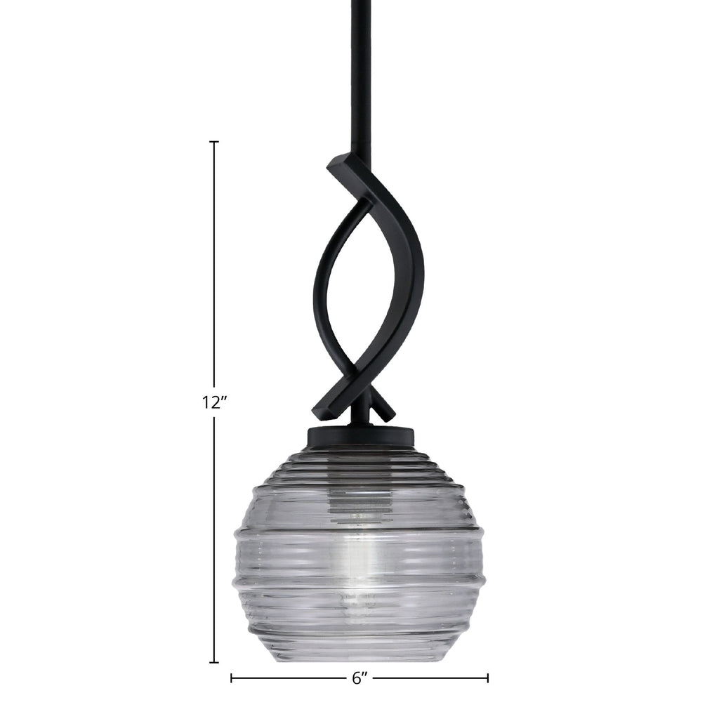 Cavella One Light Mini Pendant in Matte Black with 6" Smoke Ribbed Shade