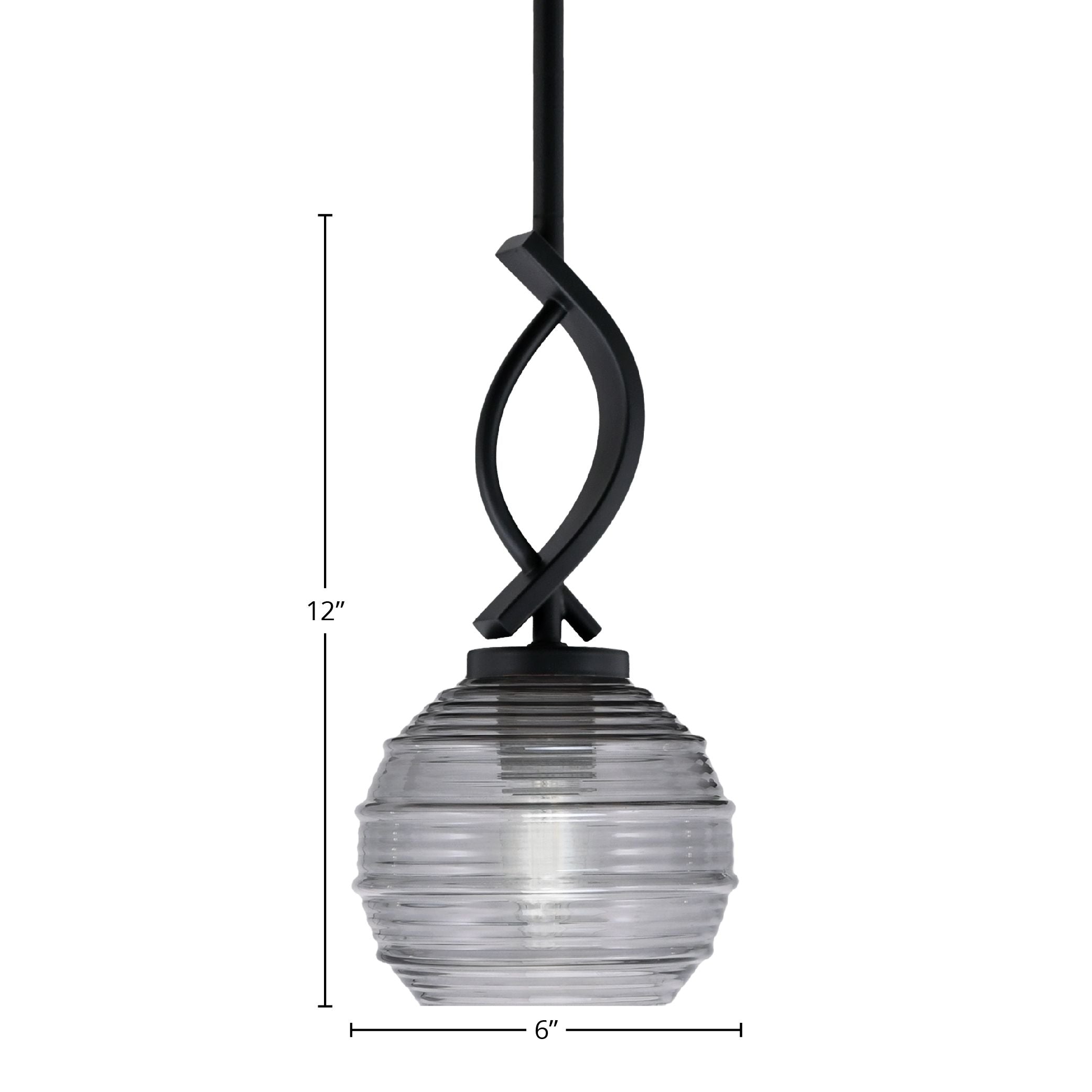 Cavella One Light Mini Pendant in Matte Black with 6" Smoke Ribbed Shade