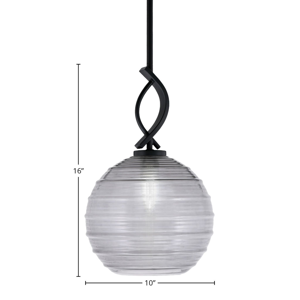 Cavella One Light Mini Pendant in Matte Black with 10" Smoke Ribbed Shade