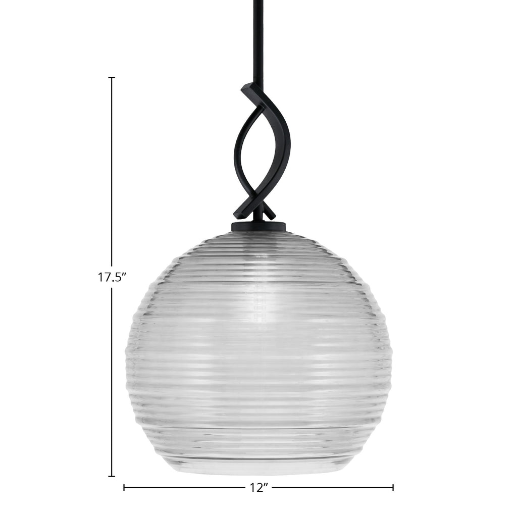 Cavella One Light Mini Pendant in Matte Black with 12" Clear Ribbed Shade