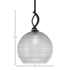 Cavella One Light Mini Pendant in Matte Black with 12" Clear Ribbed Shade