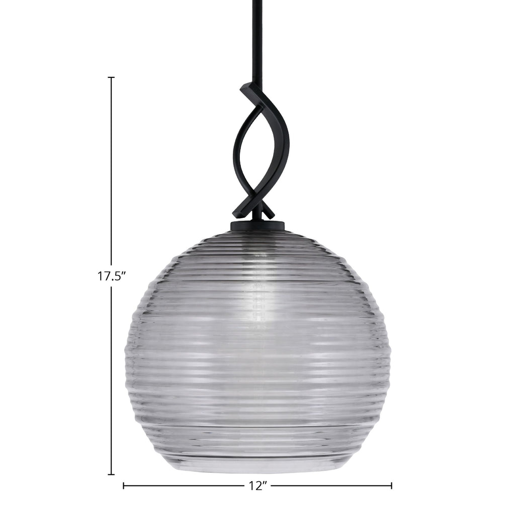Cavella One Light Mini Pendant in Matte Black with 12" Smoke Ribbed Shade