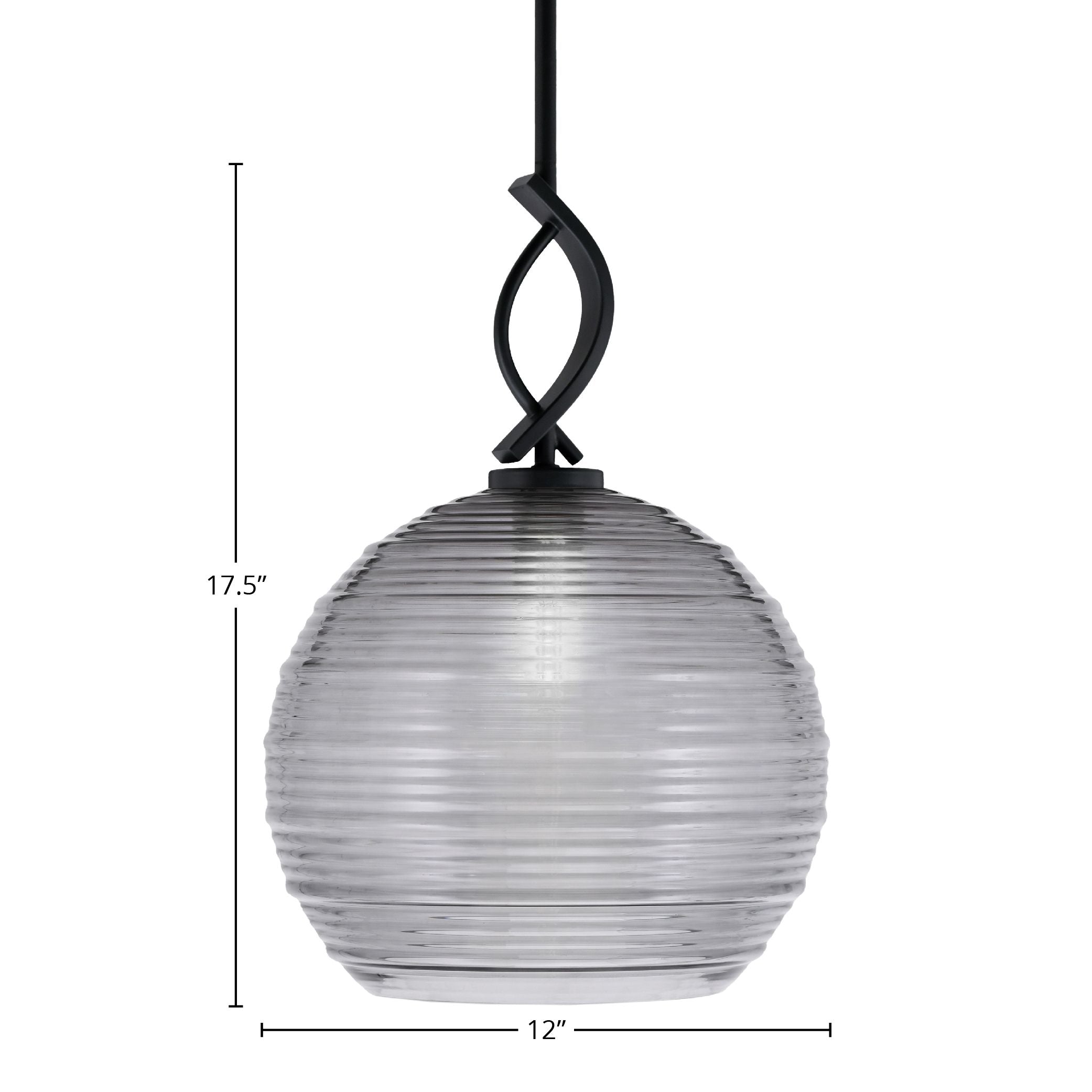 Cavella One Light Mini Pendant in Matte Black with 12" Smoke Ribbed Shade