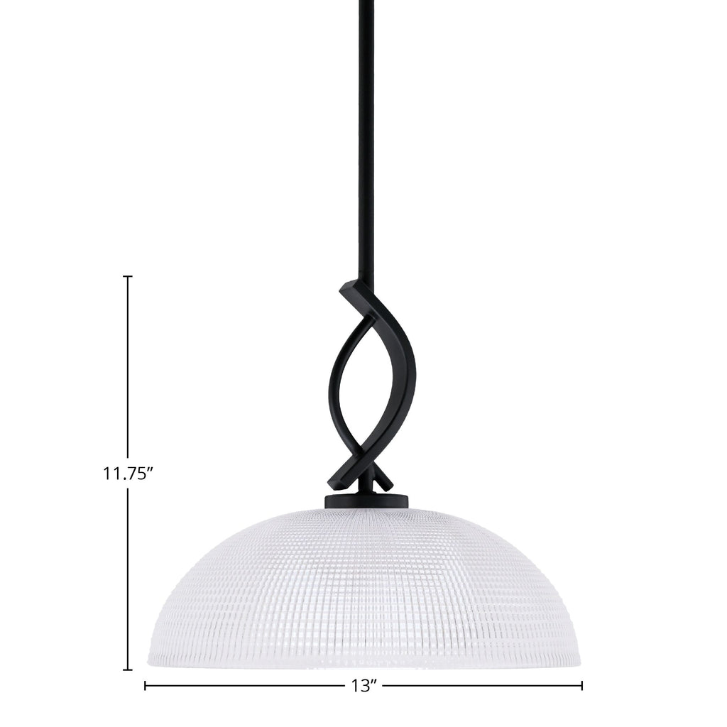 Cavella One Light Mini Pendant in Matte Black with 13" Clear Ribbed Shade