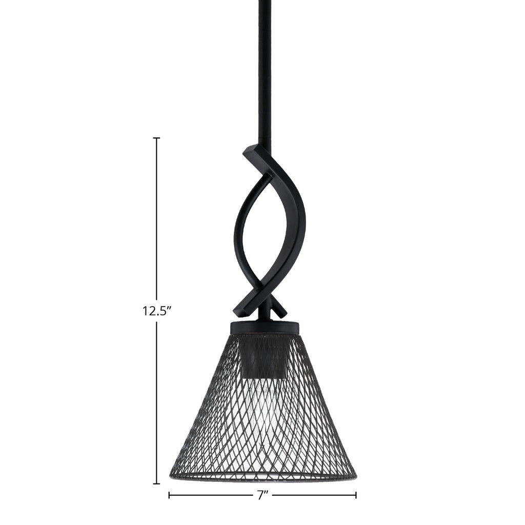 Cavella One Light Mini Pendant in Matte Black with 7" Matte Black Cone Mesh Metal Shade Shade
